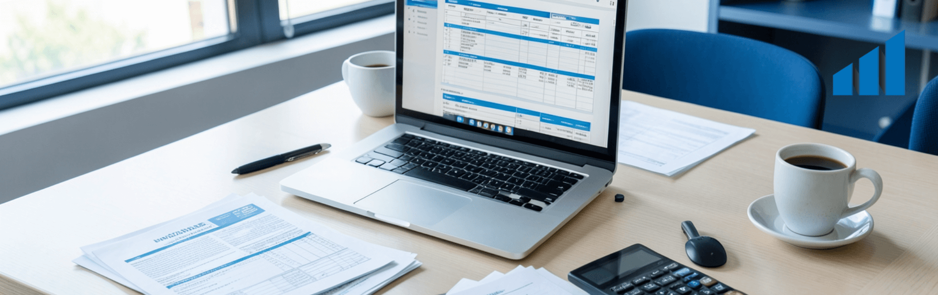 Profesional preparando declaracion de la renta 2025 con ordenador y documentos fiscales en oficina