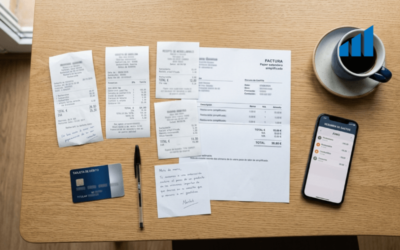 facturas y tickets de gastos deducibles para autonomos sobre una mesa
