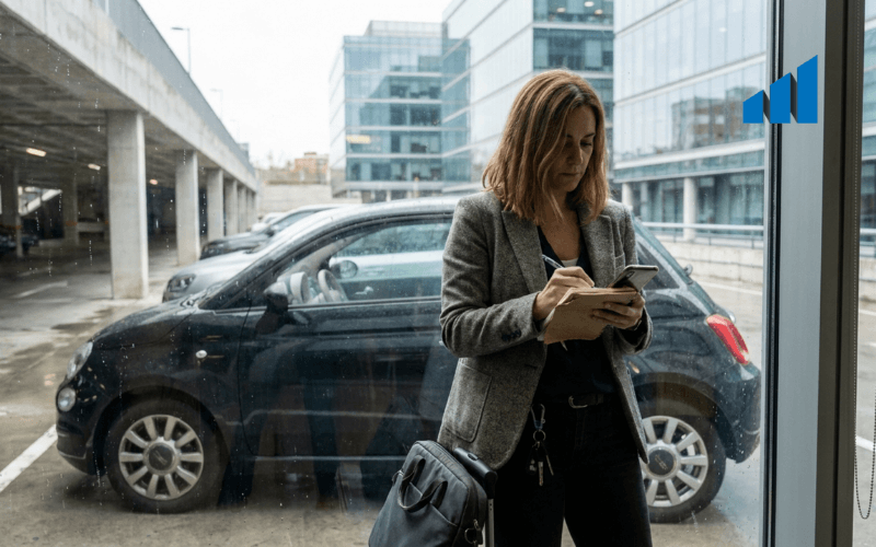 trabajadora anotando el kilometraje de su vehiculo particular